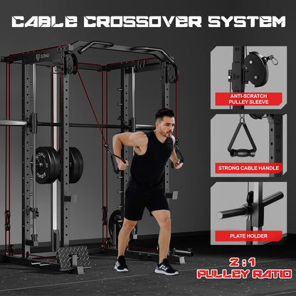 Goimu S1-V4 Smith Machine, 2000LBS Power Cage with Cable Crossover System, All-in-One Squat Rack with Smith Bar, Strength Training Equipment for Hone Gym (Black Smith Machine S1)