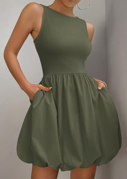PRETTYGARDEN Summer Dresses for Women 2025 Casual Sleeveless Tank Mini Short Dress Crew Neck Bubble Sundress with Pockets (Army Green,Medium)