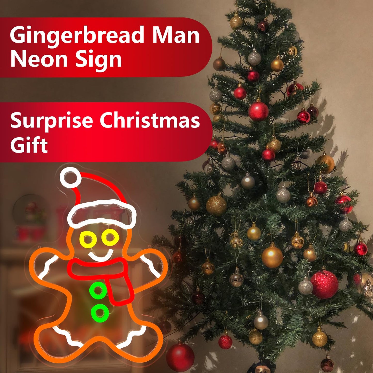 Gingerbread Man Neon Sign Dimmable Gingerbread Christmas Neon Lights for Window, Bedroom, Living Room LED Gingerbread Man with Scarf and Santa Hat Neon Sign for Christmas Party Gifts