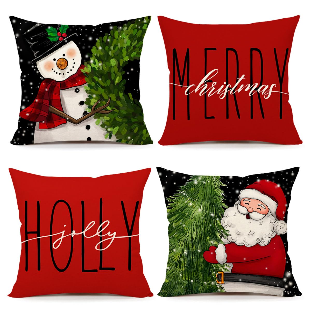 Red Black Christmas Pillow Covers 18x18 Set of 4 Farmhouse Xmas Decorations Snowman Wreath Santa Claus Tree Merry Christmas Holly Jolly Winter Holiday Decor Throw Cushion Case for Home Couch S24C27