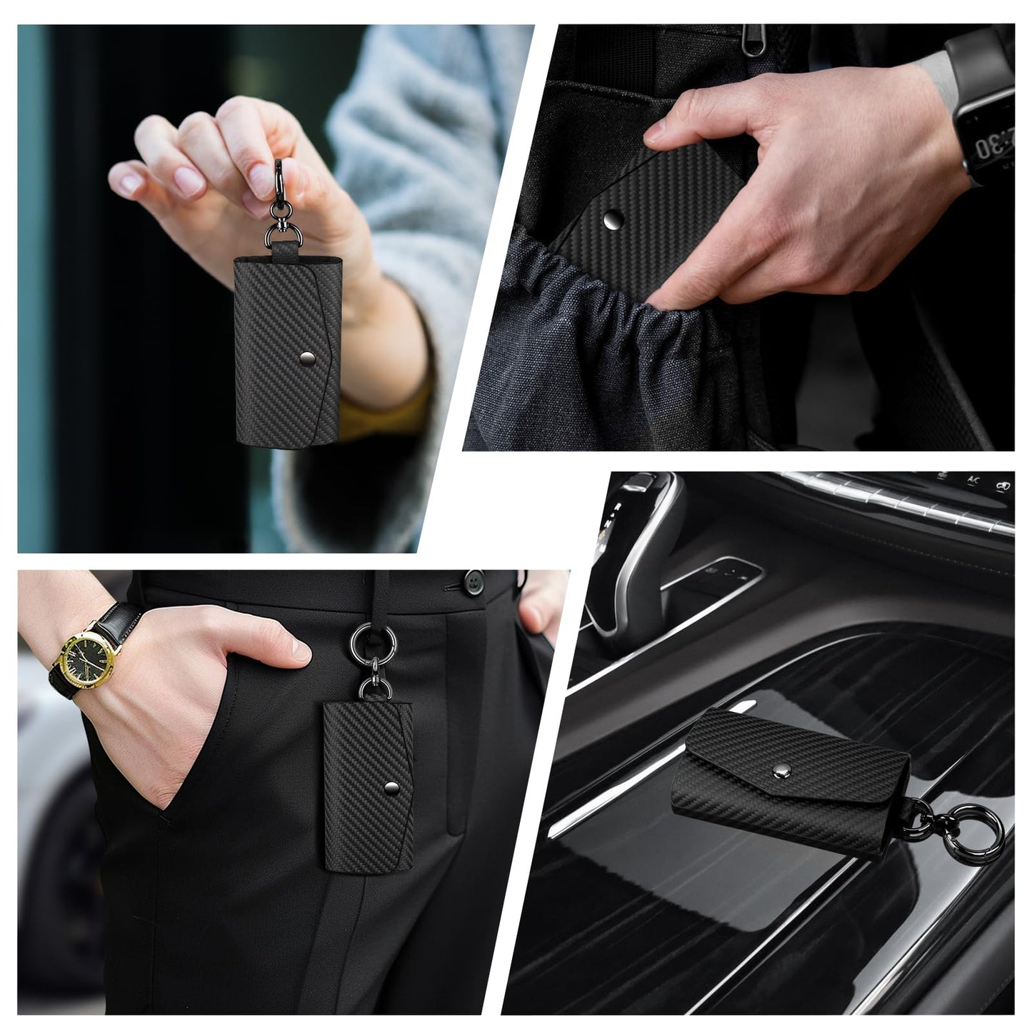 Leather Key Holder Wallet with 6 Hooks, Carbon Fiber Pattern Portable Keychain Pouch for Men, Women