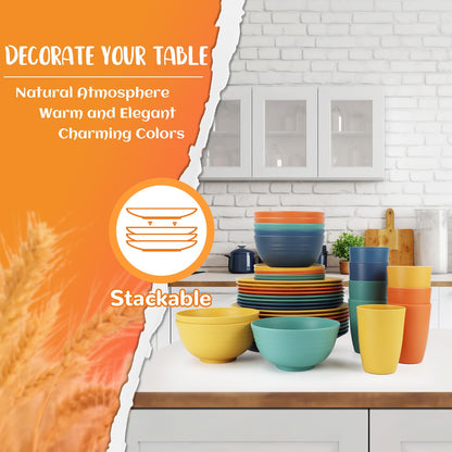 Wheat Straw Dinnerware Set 40-Piece Service for 8 Unbreakable Dishes Set Plates and Bowls Sets Drinking Glasses Microwave Safe Dish Set Lightweight Dinnerware Set for Home & Kitchen - Yellow