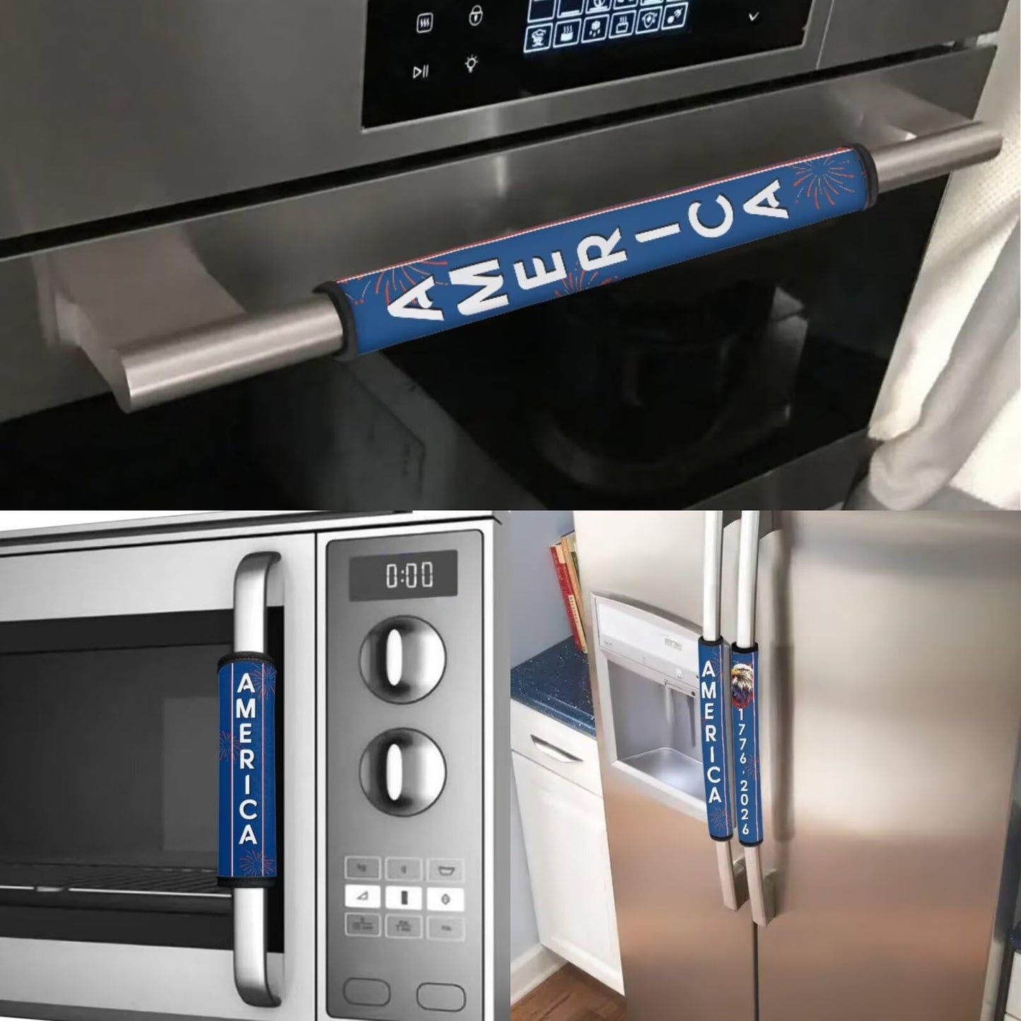 HUISEFOR 250 Years of America Refrigerator Door Handle Covers Set of 6 Electric Appliance Handle Covers Anti-Slip Fridge Gloves Heat Proof Microwave Novelty 4th of July Kitchen Decoration