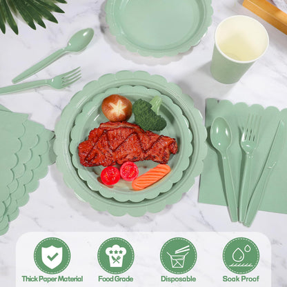 Xiangqu 175 Pcs Sage Green Paper Plates and Napkins, Sage Green Party Supplies Include Green Scalloped Plate Paper Napkin Cup Plastic Cutlery for Baby Shower, Wedding, Birthday
