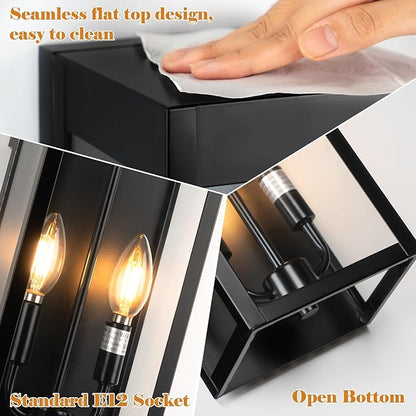 Outdoor Wall Lights 16 Inch Large, 2 Pack Black Modern Exterior Lighting Fixtures Wall Mounted with 2-Candle Light, Waterproof Outside Wall Sconces Coach Lamps Porch Lanterns for House E12