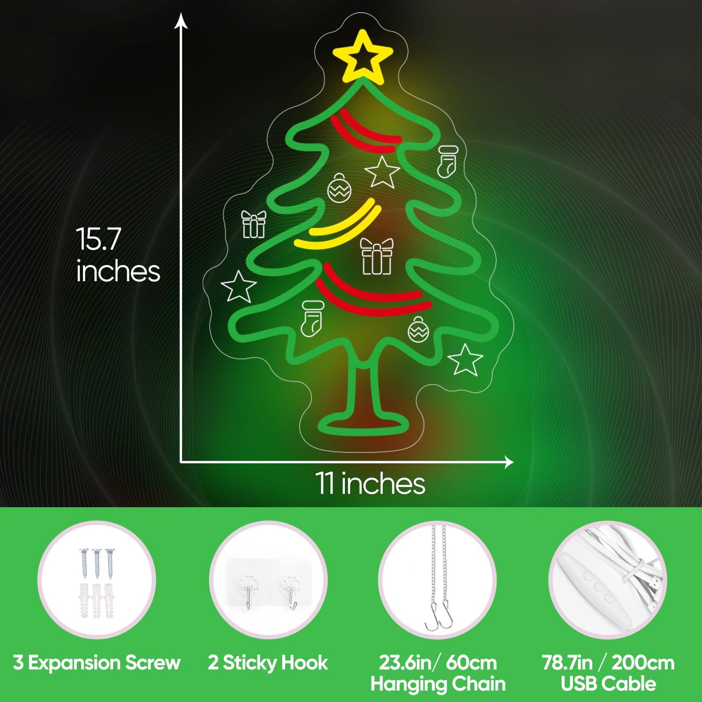 Radineon Christmas Tree Neon Sign for Wall Decor, Dimmable LED Neon Lights with Hanging Chain for Bedroom, Living Room, Window, Home, Party, Christmas Decoration（15.7 * 11 Inches）