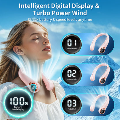 ZHZW Portable Neck Fan with 6000mAh USB - Rechargeable Battery, Ultra-Light Bladeless Neck Fan LED Display, 360° Cooling Wearable Fan, 3 Speeds (Pink)