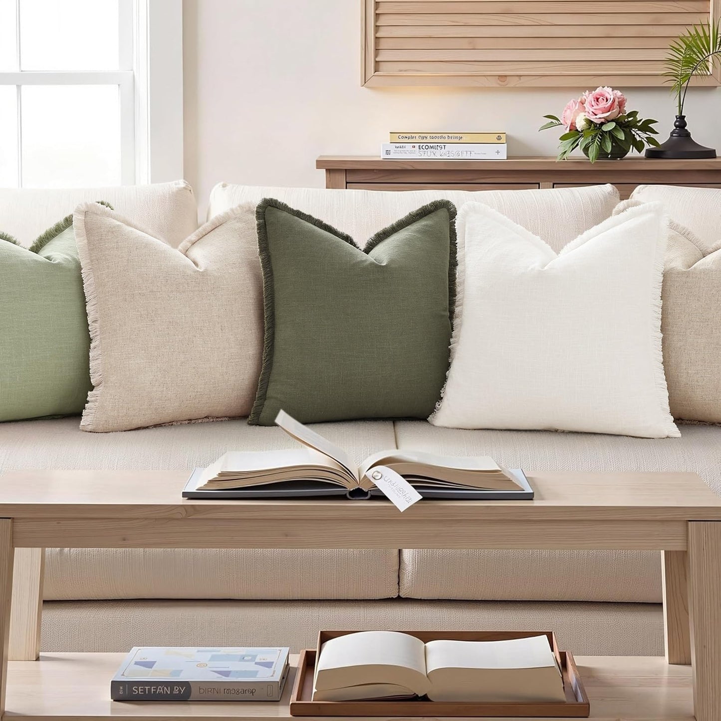 decorUhome Summer Decorative Neutral Linen Fringe Throw Pillow Covers Set of 2 Olive Green Pillow Covers with Tassels Soft Farmhouse Boho Accent Pillow Cases for Couch Bed Sofa 18x18 Inch