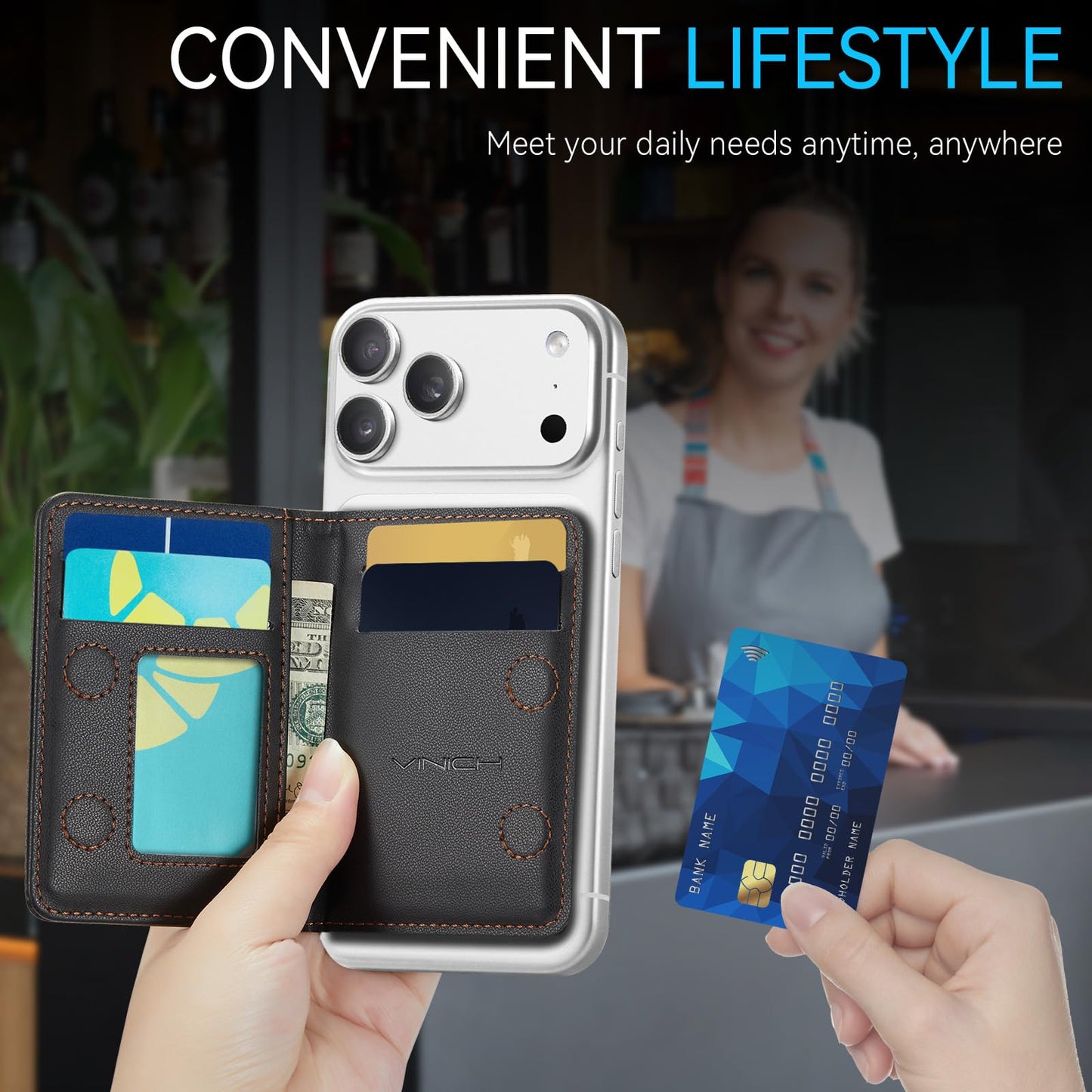 Vinich for MagSafe Wallet Magnetic RFID Blocking Card Holder Compatible with MagSafe Phones and Cases, Strong Magnet Minimalist Phone Wallet for iPhone 17/16/15/14/13/12/ Pro/Max/Plus, Black