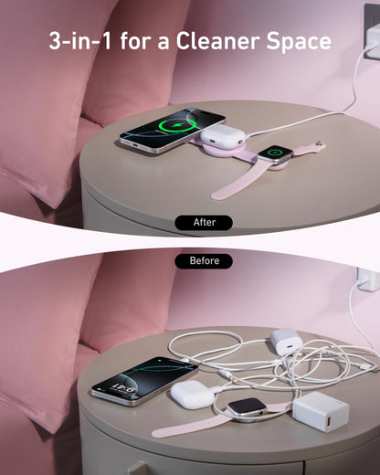Anker MagSafe Compatible MagGo UFO 3-in-1 Charger, iPhone 17 Wireless Charging Station, 15W Qi2 Certified, Foldable Travel Charging Pad, for iPhone 17/16/15/14, AirPods, Apple Watch (Not a Power Bank)
