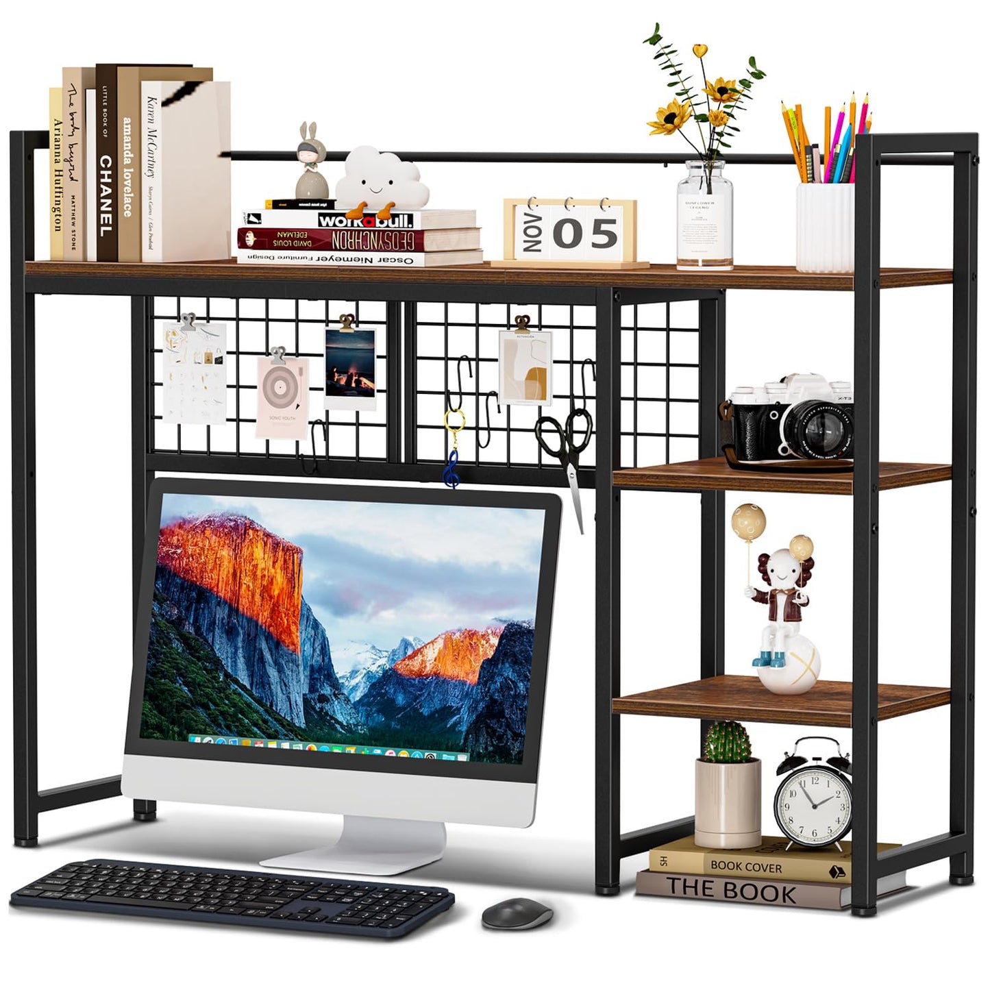 Snughome Desk Shelf, 38.6" Desktop Organizer Shelf, Desk Hutch for Computer Monitor, 4 Tier Desk Display Rack with Pegboard Hooks Set, Wood Desktop Bookshelf for Home Office Dorm