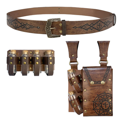 EpicCos 3 PCs Medieval Alchemy Belt Waist Pack Combo with Multiple Potion Bottles, Viking Rivet Belt Side Pouch for Cosplay (Brown D)