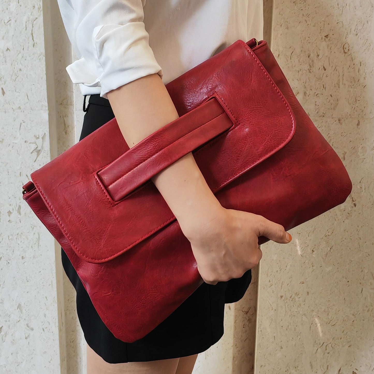 NIGEDU Women Handbags PU Leather Female Clutch Handbag Messenger Bag Large Solid High Capacity (Red)