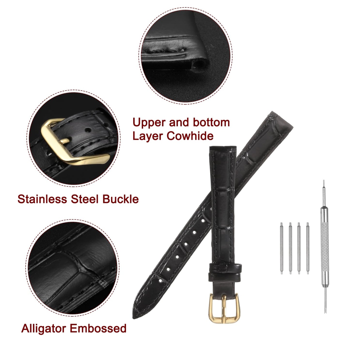 uxcell Leather Watch Band 12mm Embossed Pattern Cowhide Watch Strap Replacement with Spring Bars for Men and Women, Black Gold
