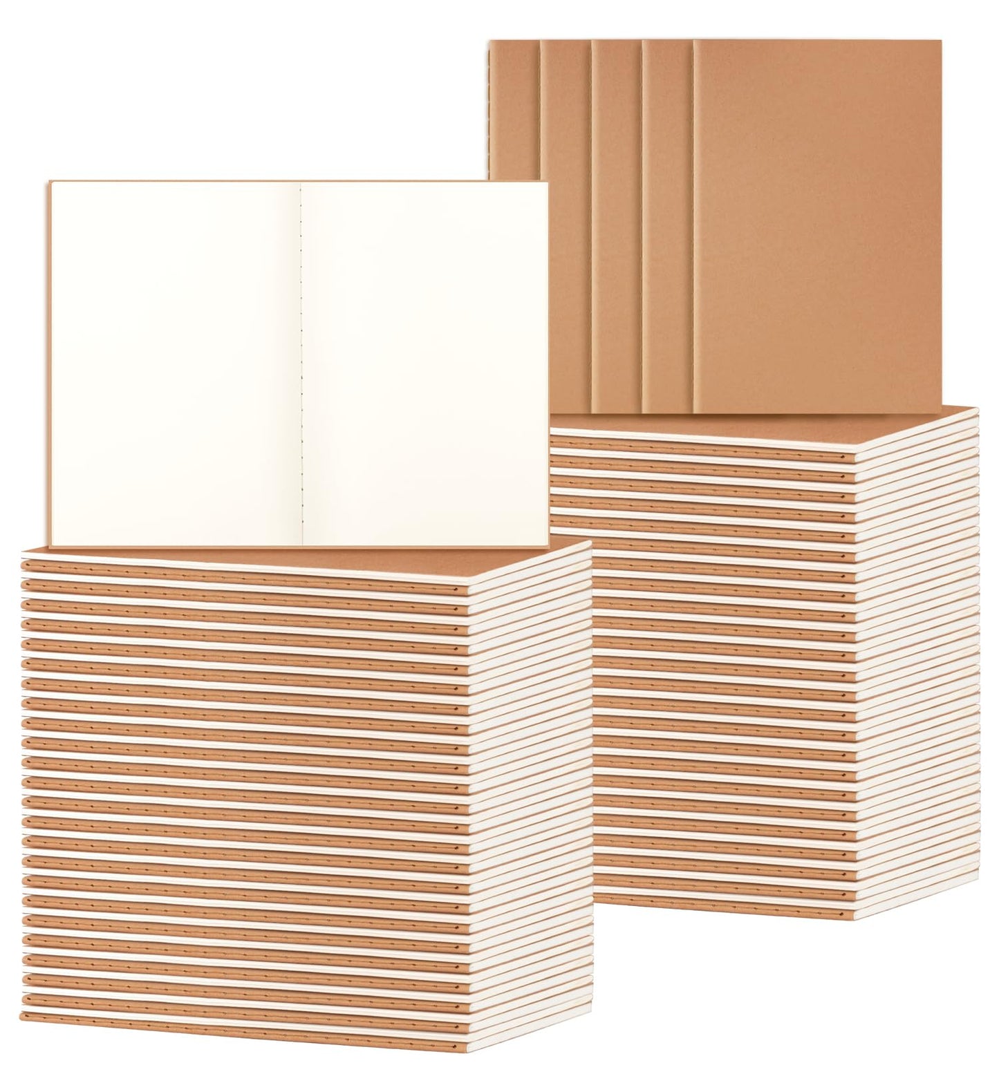 ALKALO 100 Pack A5 Blank Kraft Notebooks Bulk, Journaling Notebooks, Soft Cover Composition Notebook, 8.3x5.5 Inches 60 Pages Travel Journal Notebooks Set for Work, School, Student, Kids, Writing