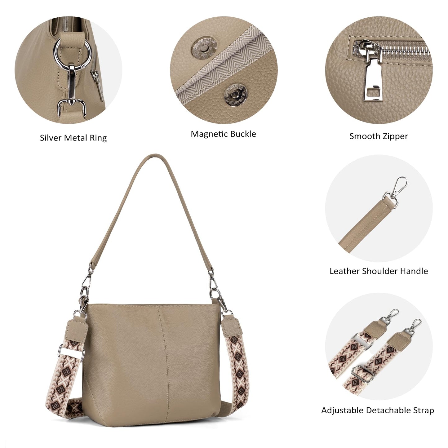 befen Genuine Leather Purse for Women, Soft Leather Crossbody Hobo Bag Women's Shoulder bag Handbags with 2 Removable Straps Designer Cross Body Purses for Everyday & Travel & Work Taupe