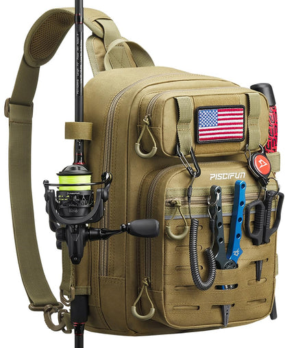 Piscifun Fishing Backpack Tackle Bag with 2 Rod Holders, Multi-Compartment Storage, MOLLE System, Water-Resistant Lightweight Outdoor Pack,Single Shoulder Khaki Standard