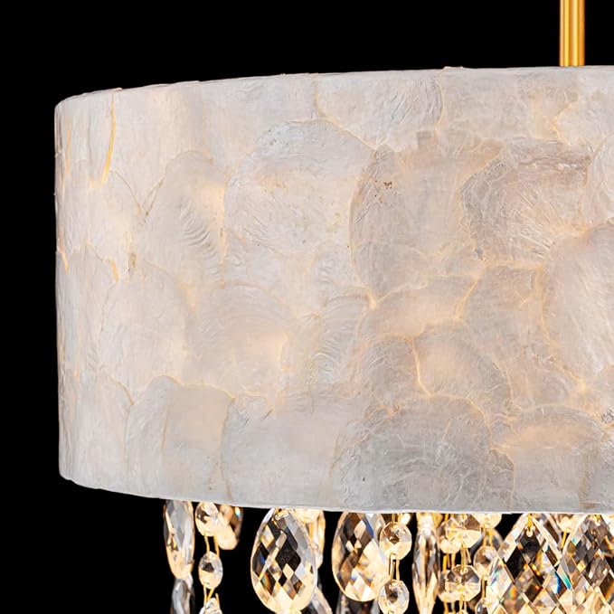 4-Lights Drum Capiz Shell Crystal Chandeliers, Coastal Style Pendant Light Fixture for Dining Room, Living Room, D18 x 21~68"(Adjustable), Shell Lampshade & Gold Finish
