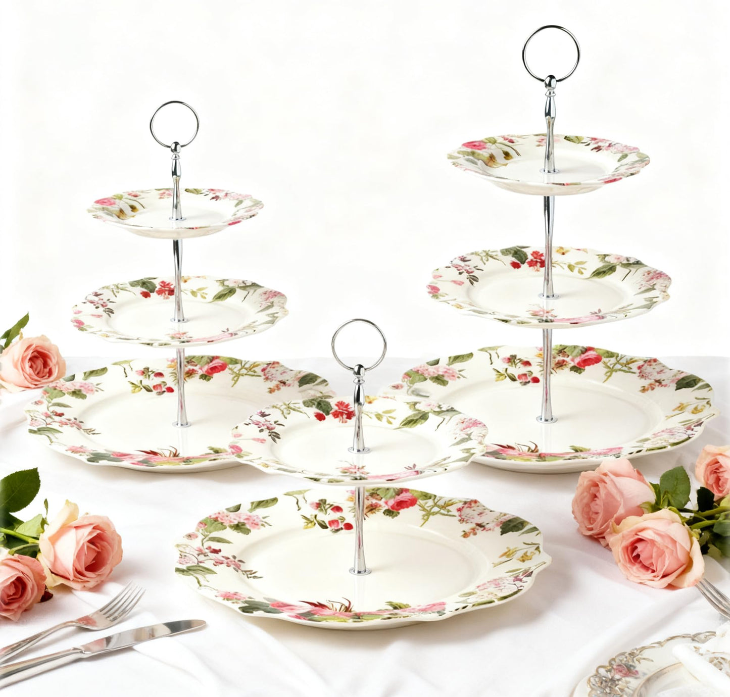 3-Tier 13.5 Inches Big Round White Porcelain Cakes Fruit Stand Plates, Cupcakes Serving Display Set, Ceramic Pastry Dessert Appetizer Candy Buffet Tray Towers Platter for Wedding Home Party - Flowers