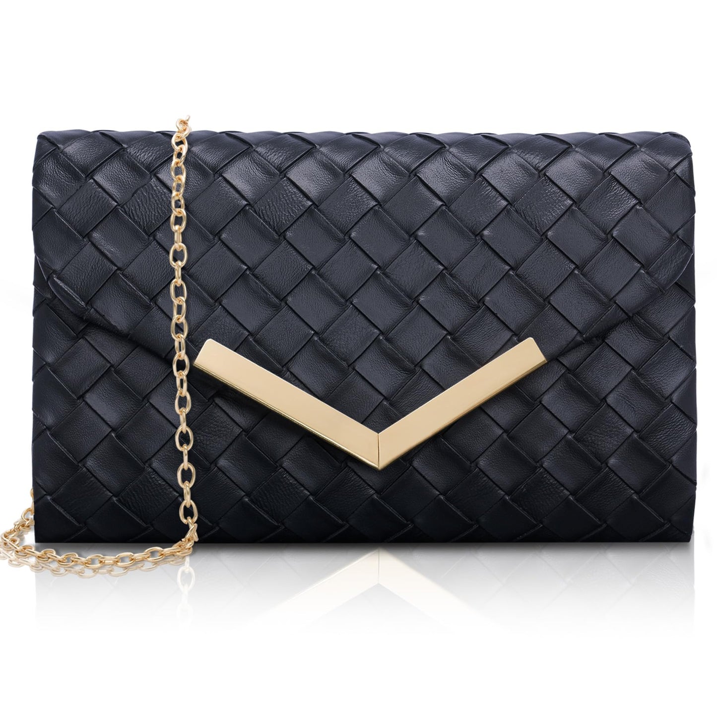 Larcenciel Clutch Purse for Women, Woven Black Leather Evening Bag w/Chain Strap, Formal Envelope Clutch Handbag, Elegant Crossbody Shoulder Party Bags for Wedding, Prom, Cocktail Night, Date, Dinner