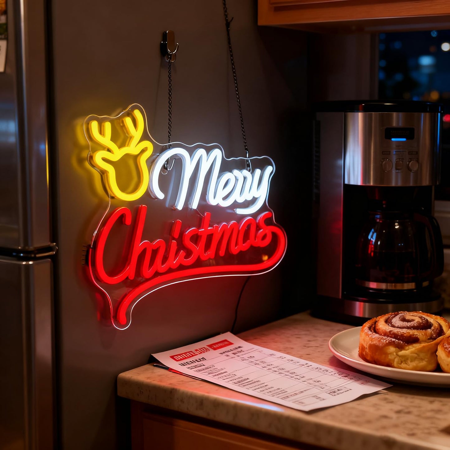 Mvorixa Merry Christmas Neon Sign, Reindeer Neon Sign – LED Light Up Christmas Sign, Home Living Room Wall Decor, Xmas Neon Signs, 15.91x11.85in, USB Powered, Adjustable Brightness