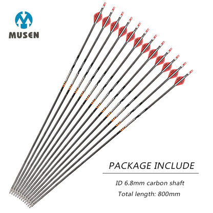 Musen Pure Carbon 30 inch Arrows Hunting Arrows for Recurve Bow,100% Carbon Archery Target Arrows with Removable Tips for Youth Hunters & Bowhunters (Pack of 12) (SP400)