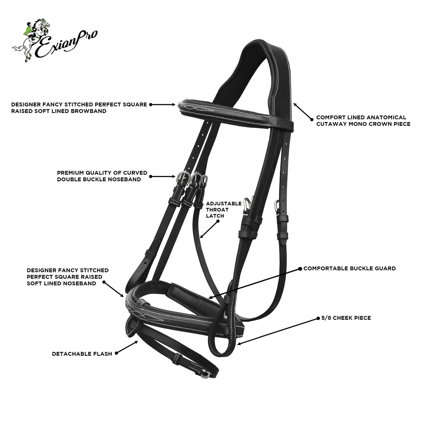 Exion Anatomical Snaffle Jumping Bridle for Horses with Removable Flash Noseband & Rubber Reins – Premium Vegetable-Tanned Leather, Brass Buckles, Padded MonoCrown, Designer Stitching