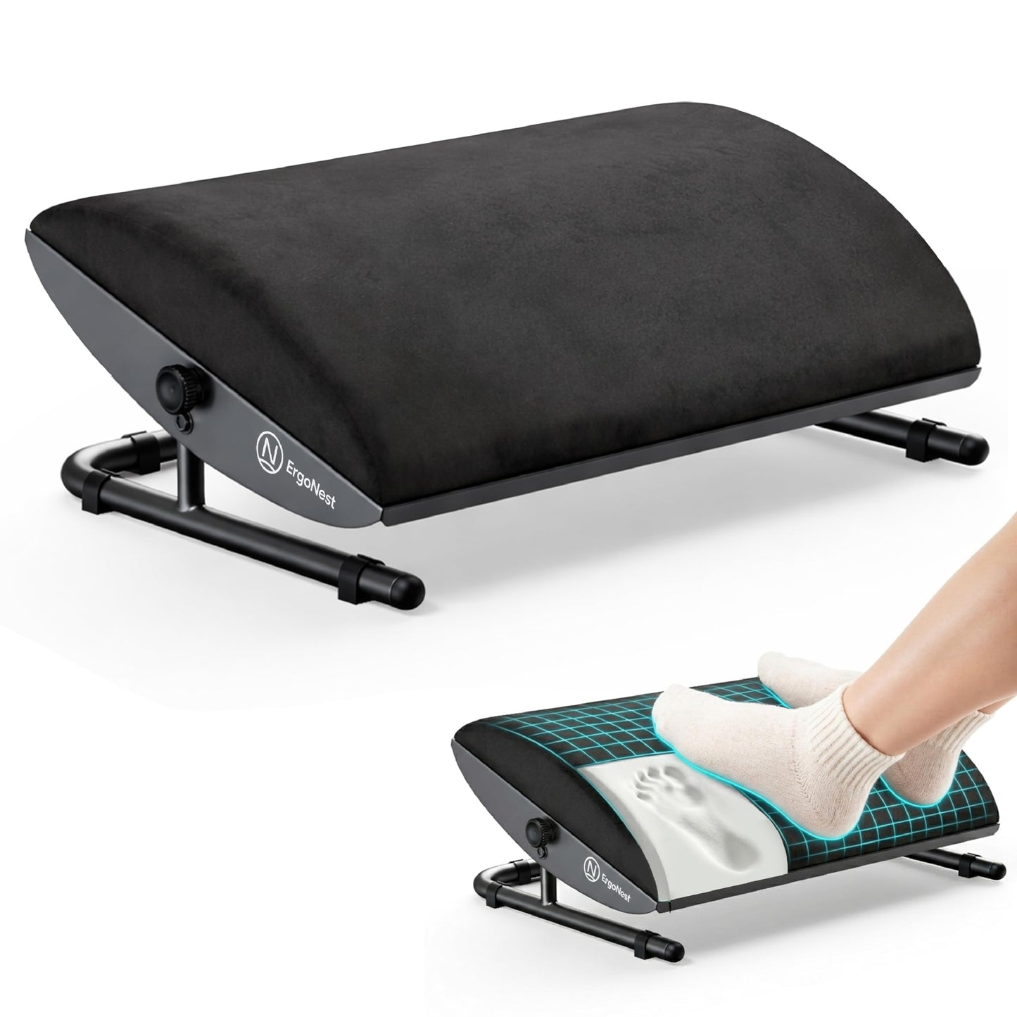 Under Desk Foot Rest – Adjustable Ergonomic Foot Rest with Steel Frame & Memory Foam Cushion, Soft Velour Finish for Superior Comfort, Designed to Improve Posture & Relieve Leg Pressure | ErgoNest™