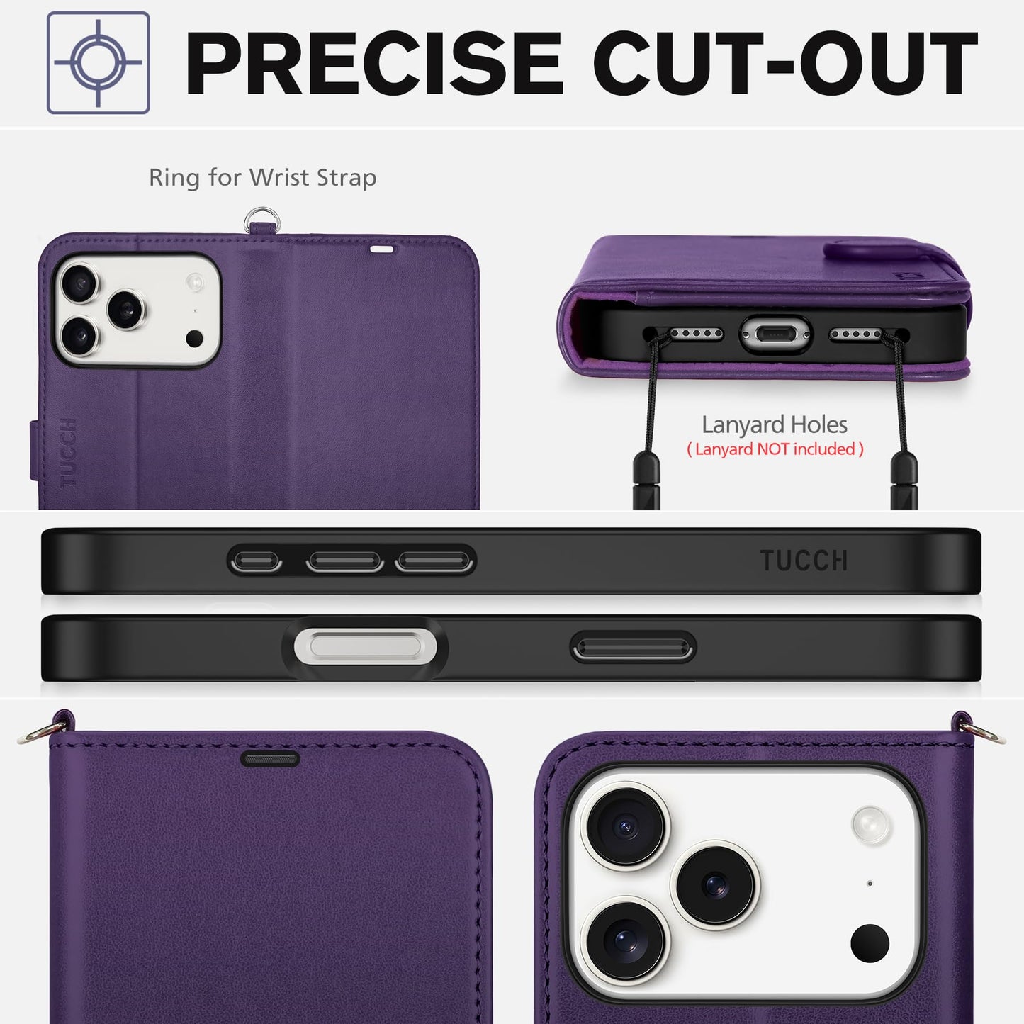 TUCCH Case Wallet for iPhone 17 Pro (6.3") 2025, Wrist Strap, Stand, RFID Blocking, 4 Card Holder, TPU Shockproof Shell, PU Leather, Magnetic Closure Folio Protective Cover, Deep Purple