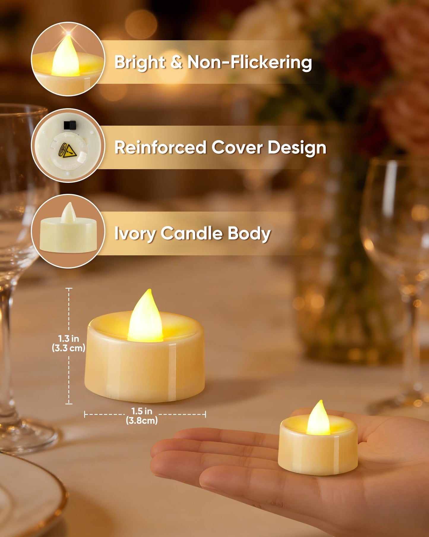 BEICHI Flameless Candles, 100 Pack Tea Lights Battery Operated, No Flickering Votive Candles LED Tea Lights for Halloween Christmas Wedding Home- Warm White, Ivory Base