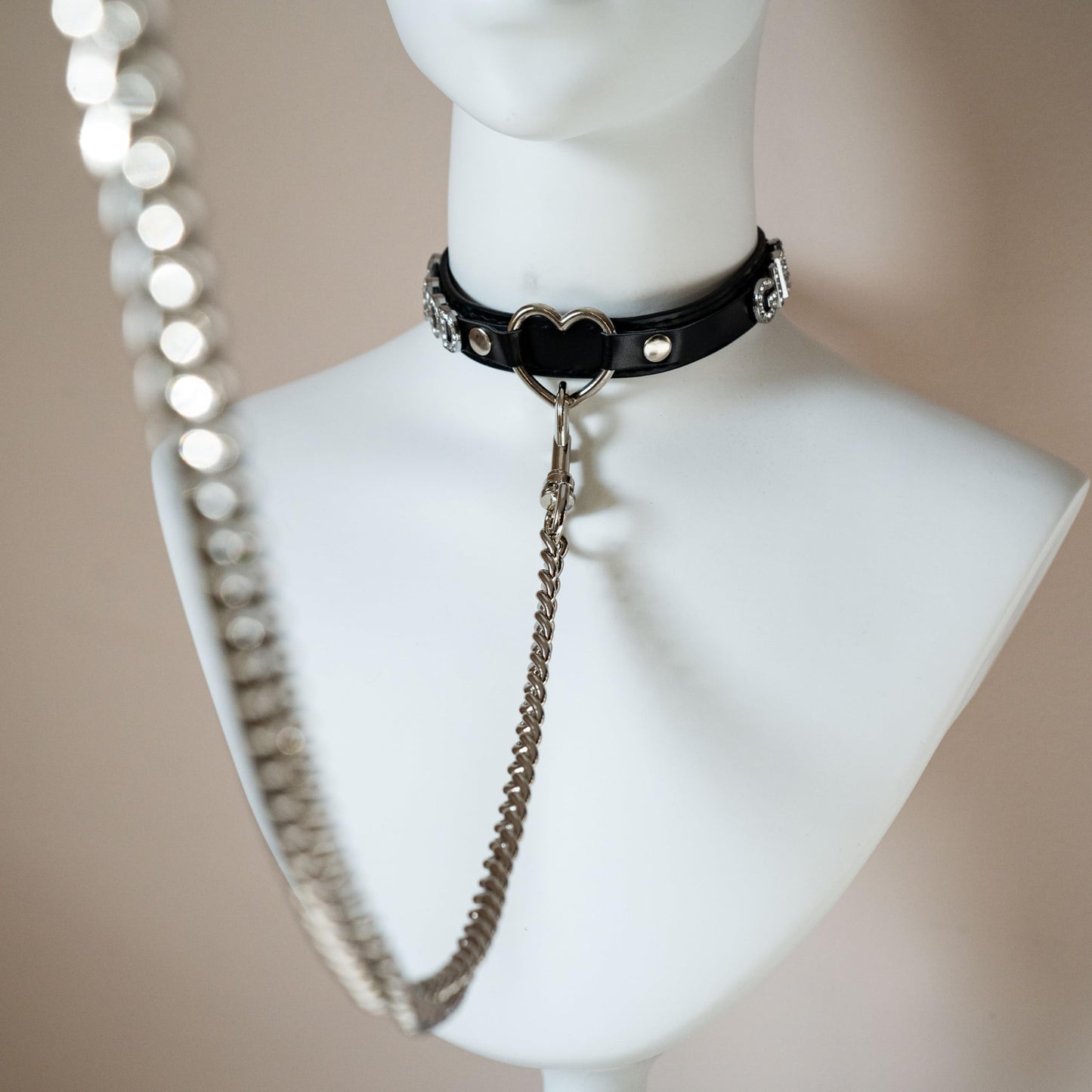 ADEMISHIA Black Heart O-ring Leather Collar and Leash Set, Adjustable Gothic Choker Necklace with Rhinestones Letters 38 Inches Durable Aluminum Chain Leash