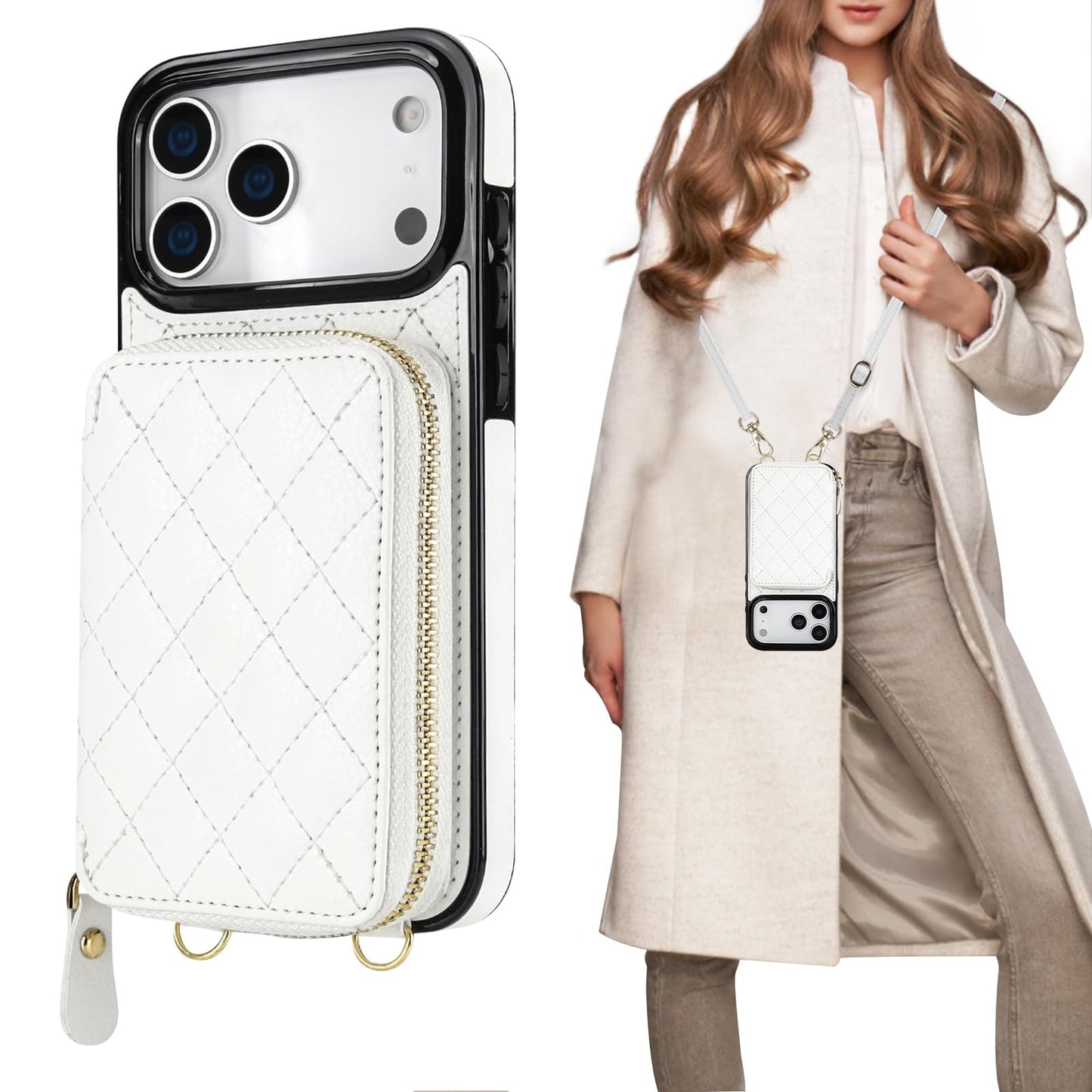 Bocasal Crossbody Wallet Case for iPhone 17 Pro Max, RFID Blocking PU Leather Zipper Handbag Purse Flip Cover, Kickstand Folio Case with Card Slots Holder Wrist Strap Lanyard 5G 6.9 Inch (White)