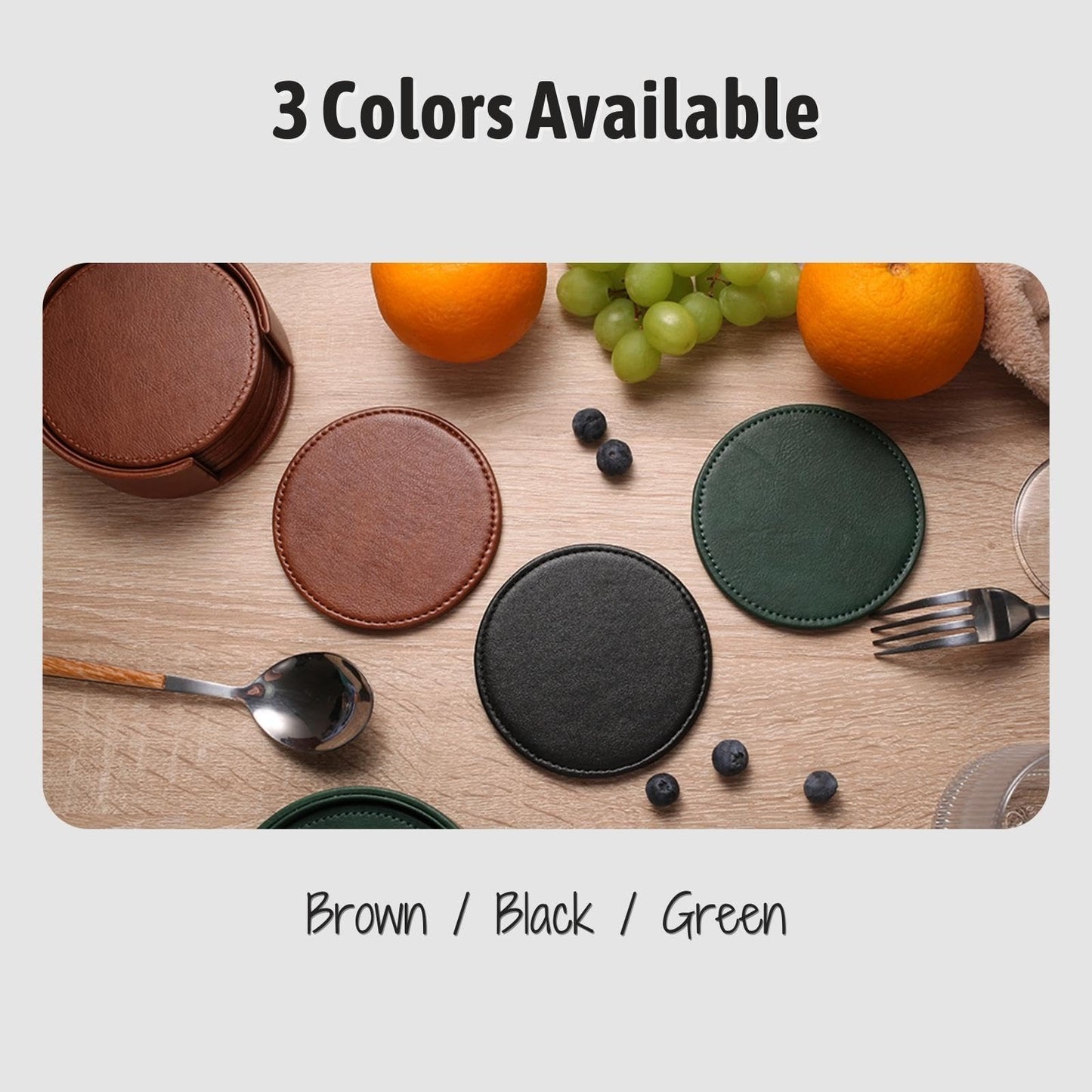 Lorteme Drink Coasters with Holder, 4" Leather Coasters for Drinks Set of 6 for Tabletop Protection, Elegant Home Decor & Handmade Housewarming Gift - Brown