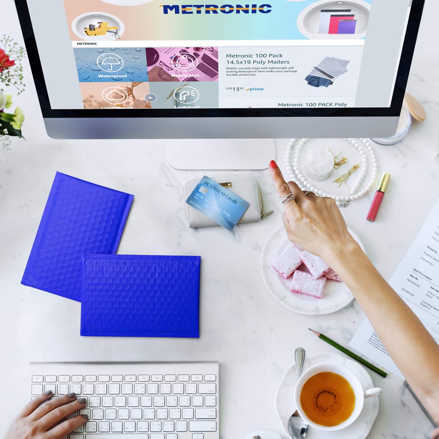 Metronic Bubble Mailers 4x8 Inch 50 Pack Royal Blue Waterproof Padded Envelopes Usable Size 4x7 Self Seal Adhesive Bubble Envelopes Padded Mailers for Small Business Shipping Envelopes for Jewelry