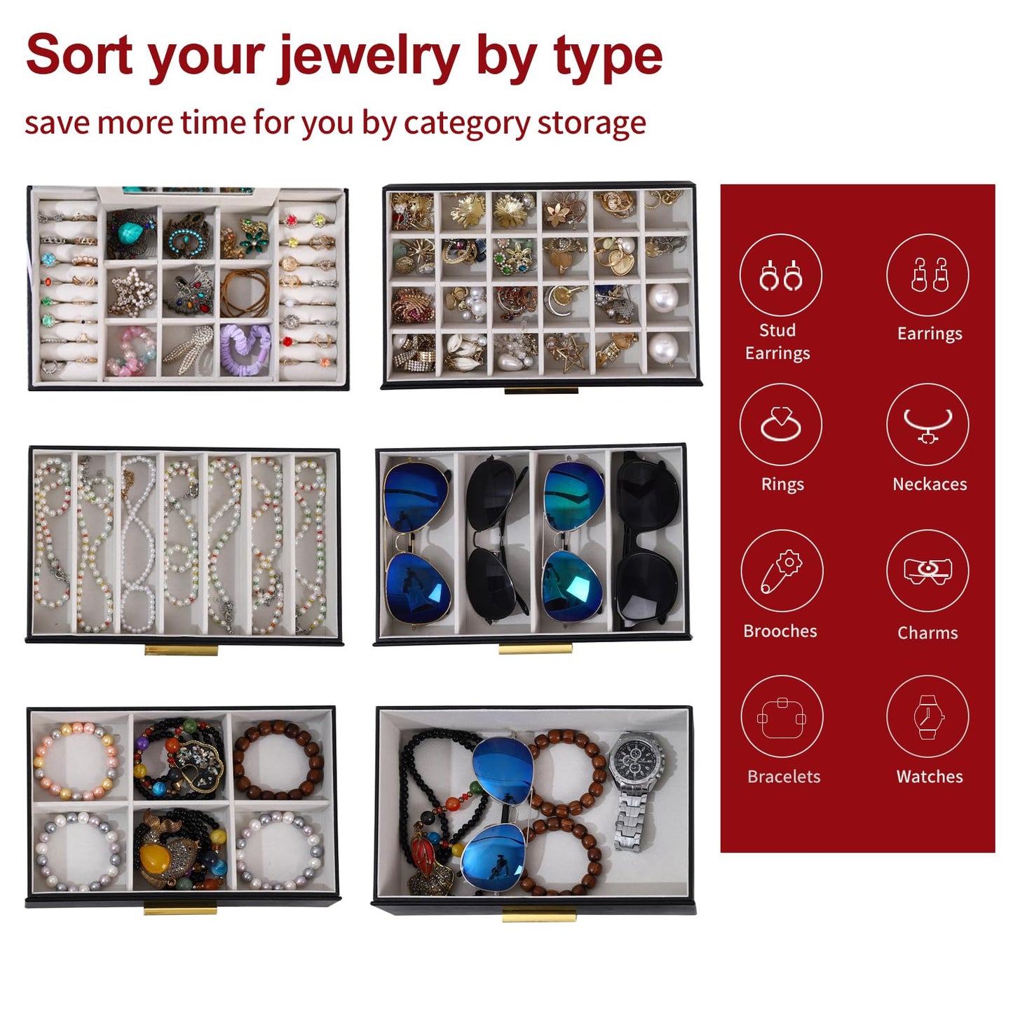 BOOVO Jewelry Boxes for Women, White and Black 6 Layer Large Jewelry Box for Necklace, Bracelet, Earrings, Rings Storage, Jewelry holder Organizer for Girls Gift (Clear Black, 6 layer)