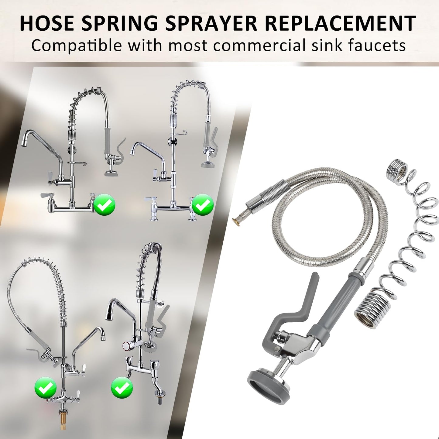 Spray Valve with 44inch Flexible Hose & Pre Rinse Spring Replacement Kit for Commercial Kitchen Sink Faucet 1.42GPM High-Pressure Restaurant Dish Sprayer Stainless Steel Hose & Overhead Spring (Grey)