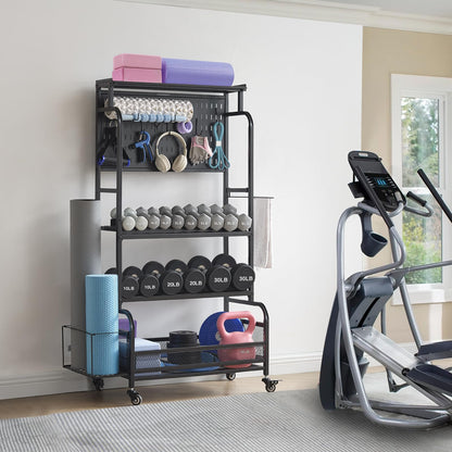 56'' Taller Home Gym Storage Organizer, Yoga Mat Storage Rack with Hanging Board, Exercise Workout Equipment Storage Stand for Home Gym, Dumbbell Holder Kettlebell Rack with Wheels and Hooks (Black)