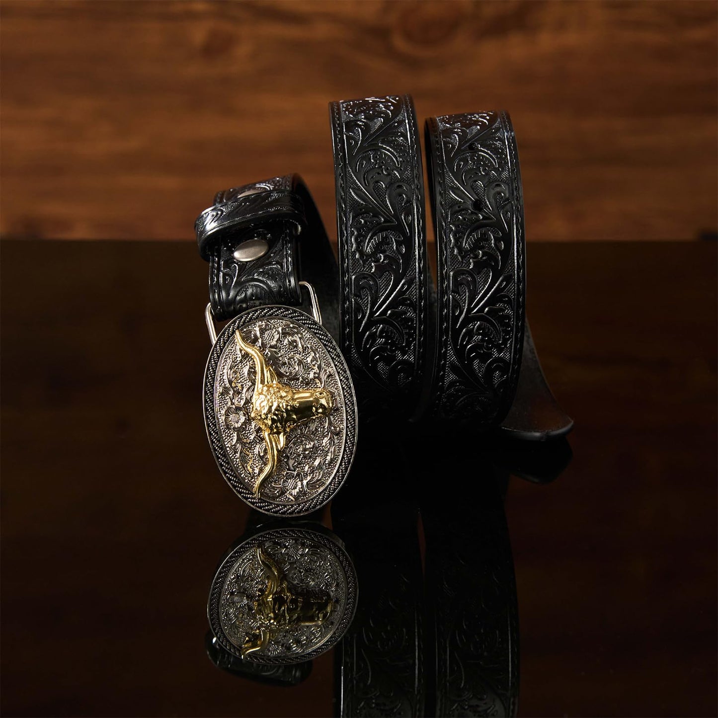 FORTMAC Western Belt–Adjustable Embossed Leather Belt with Longhorn Bull Buckle Black 95cm/37.5"