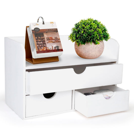 Besti Wooden Office Desk Organizer - Organizing Tool for Desktop, Cubicle, Bedroom, Kitchen - Vintage Style Organization Caddy with Top Tray Shelf & 3 Drawers - 13.6x9x7 Inches (White)