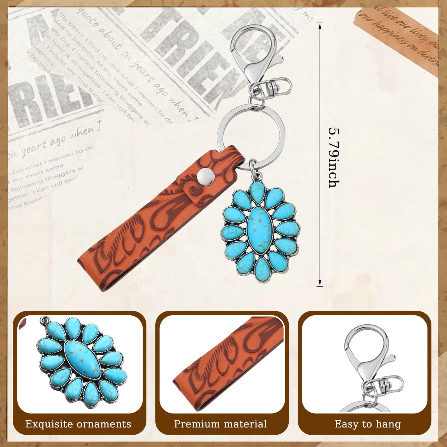 Kigeli 6 Pcs Western Keychain Vintage Embossed Cowhide Keychain Wristlet with Metal Charms Gifts for Women Men Antique PU Leather Key Ring for Keys Wallet Backpack Bag