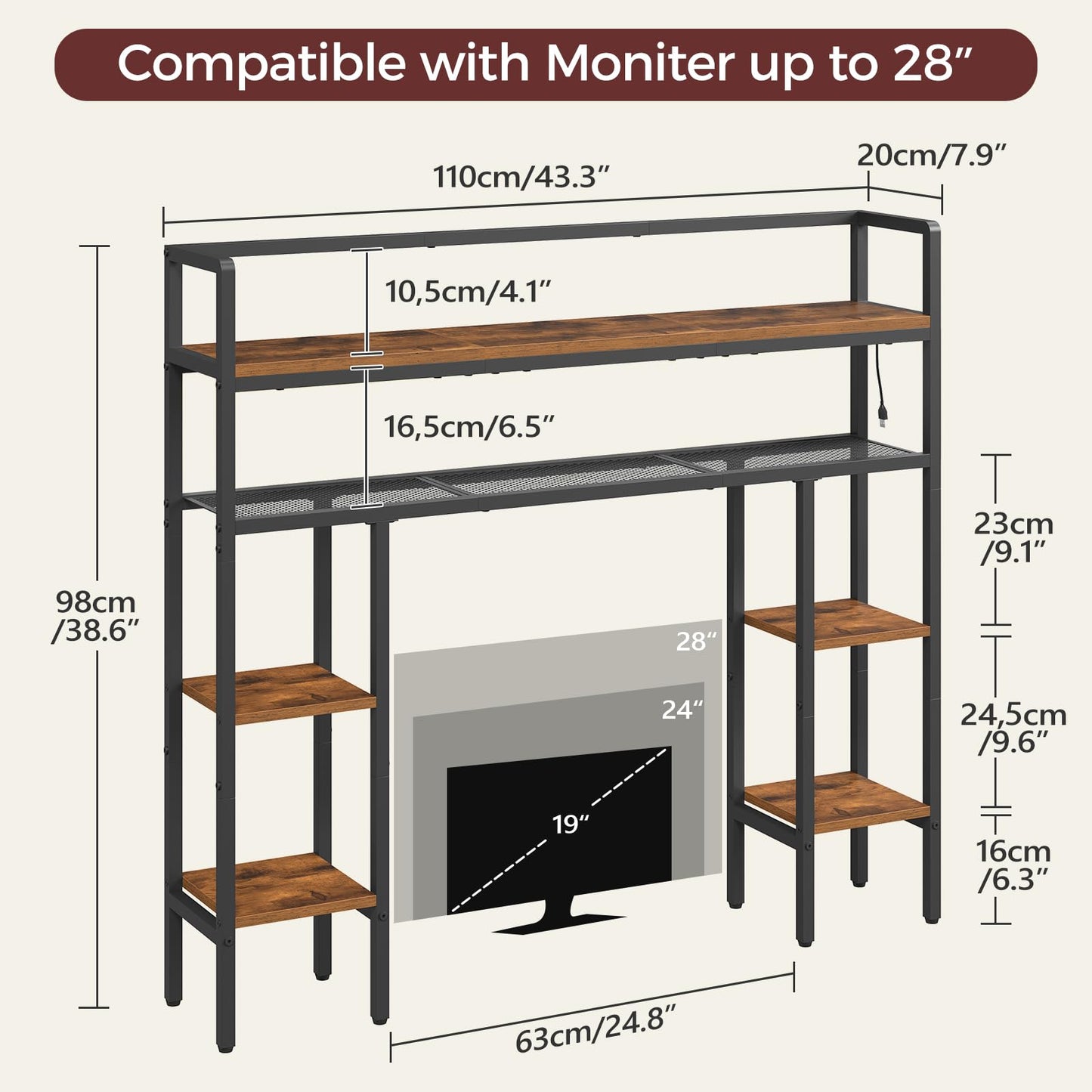 MAHANCRIS Desk Shelf, 43.3" Desk Hutch with Light Strip, Office Desktop Organizer, 5 Tier Desktop Bookshelf for Computer Monitor, Storage Rack for Study, Home Office, Rustic Brown DSHR9801