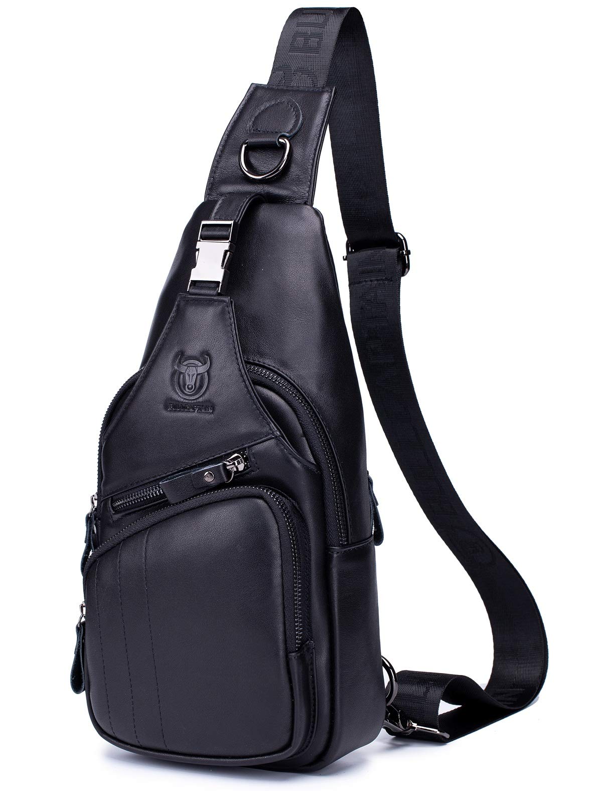 BULLCAPTAIN Leather Men Sling Bag Casual Crossbody Chest Bags Travel Daypack (Black)