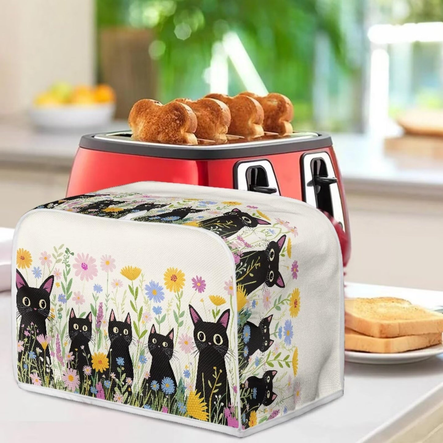 ASQVTIFE Cute Black Cat Toaster Cover 4 Slice Wide Slot Toaster Oven Covers for Kitchen Counter Black Cat Kitchen Bakeware Protector Fits for Most Standard 4 Slice Toasters