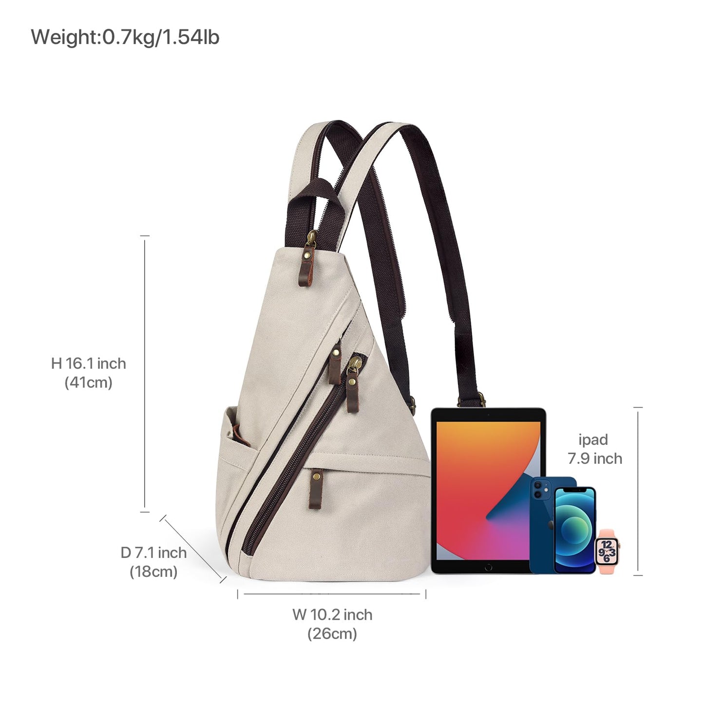 BRASS TACKS Leathercraft Vintage Canvas Sling Bag for Men and Women, 3-in-1 Convertible Crossbody Backpack Chest Bag with Genuine Leather Zipper, Large Capacity Travel Daypack (Off-White)