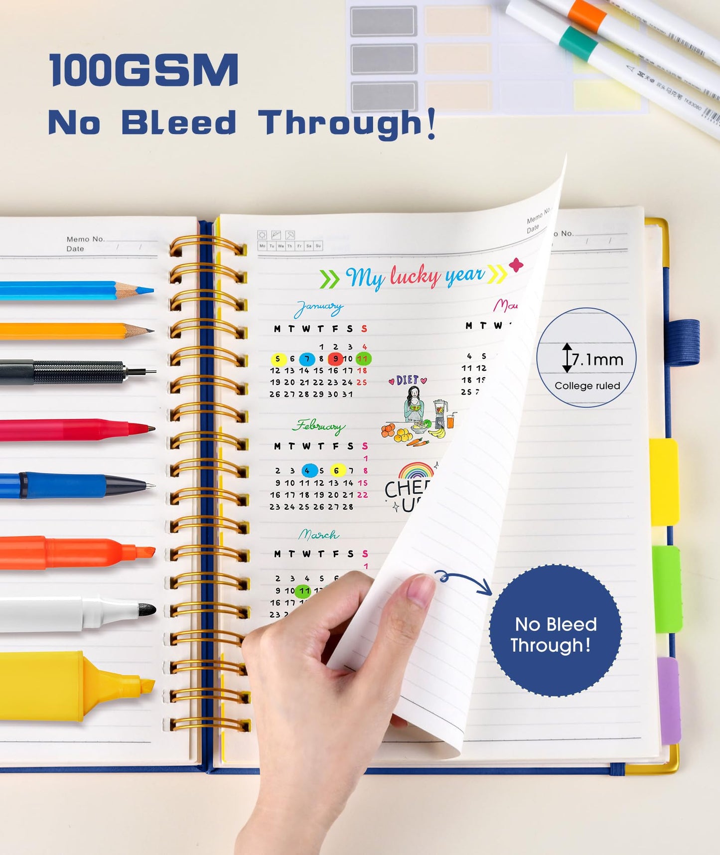 Hardcover Spiral Notebook journal with Removable Dividers Tabs, 300 Pages Leather 5 Subject Notebook College Ruled, 8"x10" Large B5 Notebooks for Work School Note taking, Lined Journal for Women,Navy