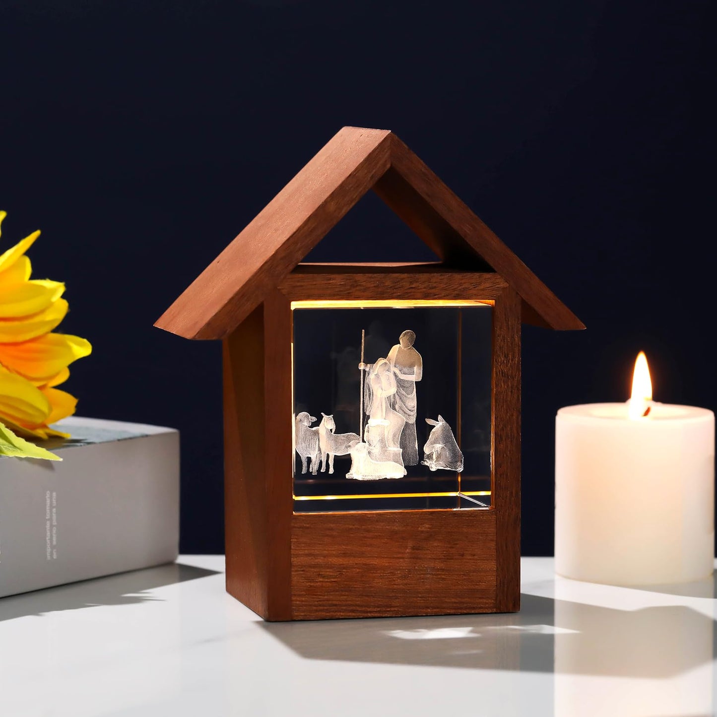 Ornalrist 3D Engraved Holy Family with Lambs Christian Gifts for Women, Wooden House Night Light Religious Gifts for Mom Grandma Christmas Presents for Home Decor
