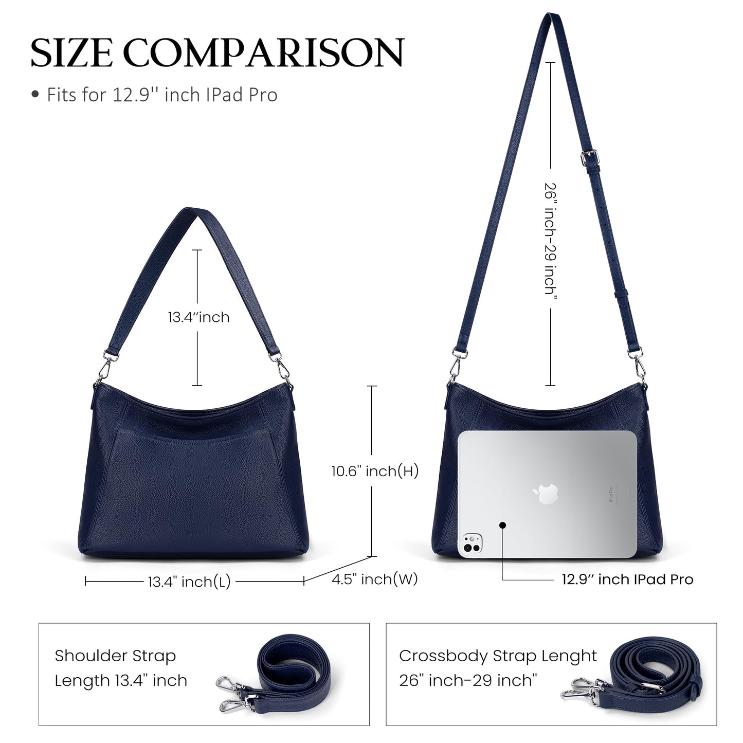 befen Genuine Leather Crossbody Bag for Women, Navy Blue Purses Soft Real Leather Hobo Bag with 2 Detachable Straps Designer Large Crossbody Purse Womens Shoulder Handbag for Daily and Work