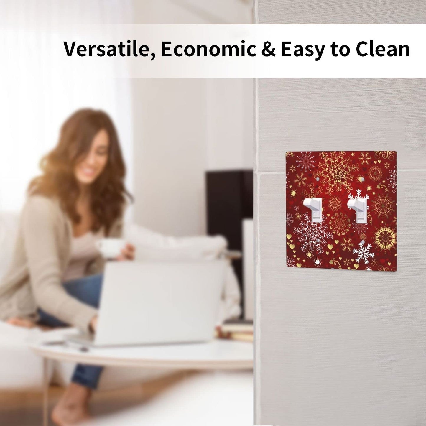 Winter Snowflake Red Sparkle Christmas Pattern Double Gang Toggle Light Cover Decor Wall Plate/Switch Standard Size