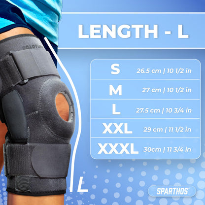 Sparthos Hinged Knee Brace - Relieves ACL, MCL, Meniscus Tear, Arthritis, Tendon Pain - Dual Metal Side Stabilizers - Support for Running, For Men and Women Check Size Chart (Large, 15½-20″ Thigh)