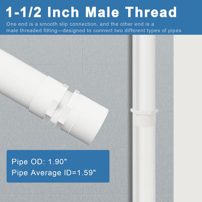 1.5 Inch Male Thread PVC Fittings White 2-Way PVC Pipe Coupling Adapter Connectors Coupling for 1-1/2 Inch Schedule 40 Pipe（2 Pack）